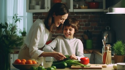 A Mother and Her Son Preparing a Meal Together. Fictional Character Created By Generated By Generated AI. - obrazy, fototapety, plakaty