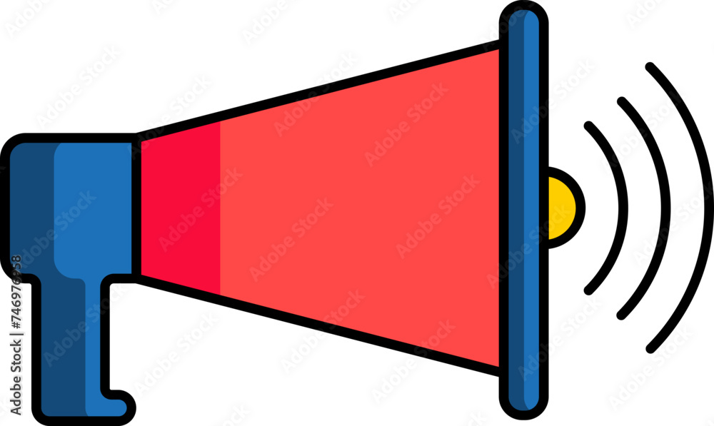 Sticker Loudspeaker or Megaphone icon in red and blue color.