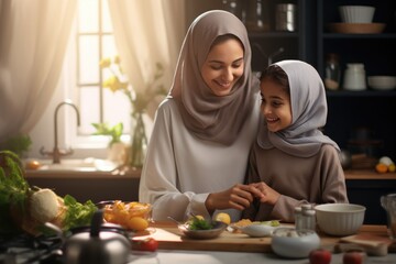 A Mother and Daughter Cooking Together in the Kitchen - obrazy, fototapety, plakaty