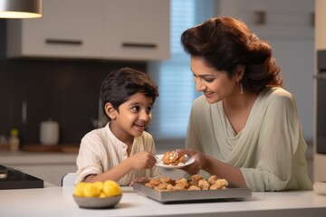 A mother and her son cooking together in the kitchen. Fictional Character Created By Generated By Generated AI.