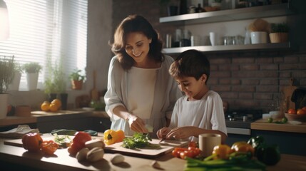 A Mother and Son Preparing a Meal Together. Fictional Character Created By Generated By Generated AI.