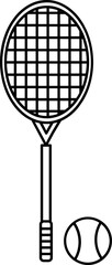 Racket and Tennis Ball icon in black thin line art.