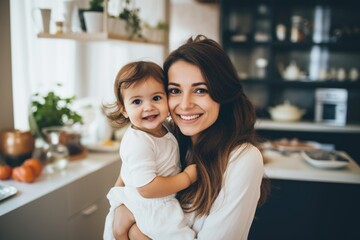 A Mother Holds Her Baby Close - Bonding Moments Captured in a Kitchen. Fictional Character Created By Generated By Generated AI. - obrazy, fototapety, plakaty