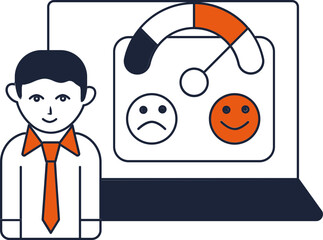Flat Style Businessman with Feedback Scale in Laptop Screen icon.