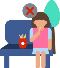 Faceless Woman eating french fries on garden seat icon for No Health Safety.