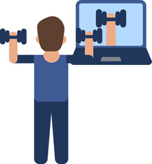 Online looking Man doing weightlifting with dumbbells and laptop icon in blue color.