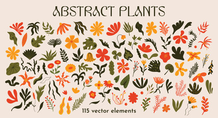 Abstract plants shapes and forms vector illustration set for design. Different types of exotic flowers and leaves decorative elements kit. Large collection of botanical doodles in cartoon, funky style - obrazy, fototapety, plakaty
