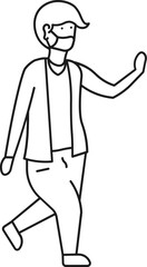 Line art illustration of Walking Man Wear Safety Face Mask in Walking Pose icon.