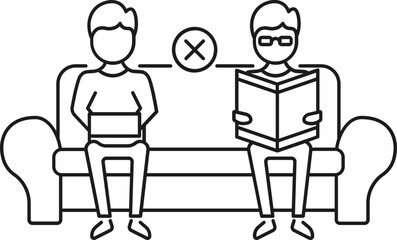 Line art illustration of People reading with book and laptop on sofa for social distancing icon.