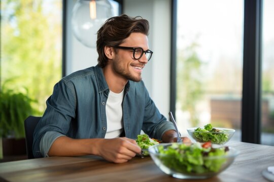 A Man Eating a Salad at a Table, Fictional Character Created By Generated AI.