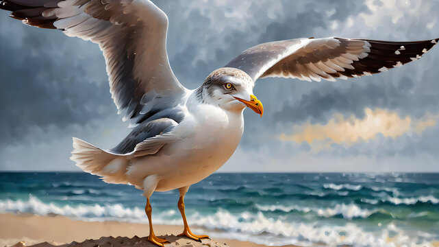 Seagull soars gracefully above the ocean waves, amidst a backdrop of endless blue sky and white sandy beaches