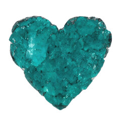 A heart made of the mineral Dioptase on a white background.