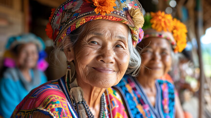 Happy Thai older villagers in traditional attire. Happy and smiling. - obrazy, fototapety, plakaty