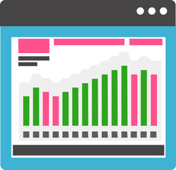 Financial Website or Bar Graph chart on web page icon in flat style.