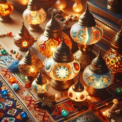 Fototapeta premium Traditional Arabic lanterns on the carpet. Selective focus Generative AI 