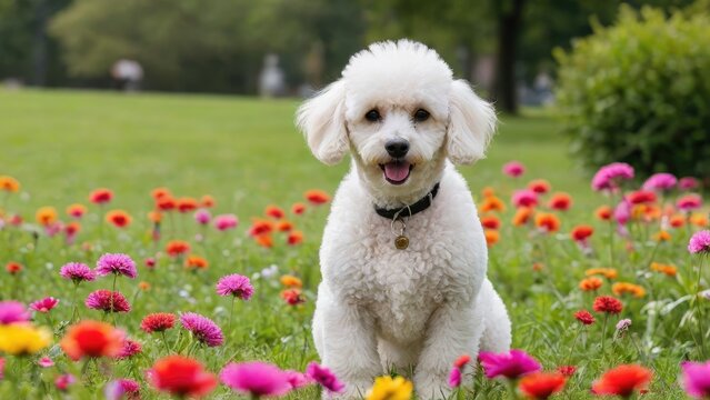 White poodle dog in flower field