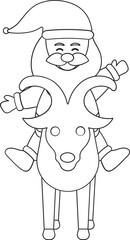 Black Line Art Santa Claus Sitting On Reindeer Illustration.