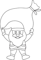Santa Claus Lifting A Heavy Sack Icon in Black Line Art.