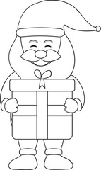 Cartoon Santa Claus Holding A Gift Box Icon In Black Outline.