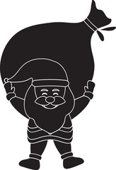 Santa Claus Lifting A Heavy Sack Icon in B&W Color.