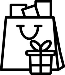 Line art illustration of shopping bag with gift box icon.