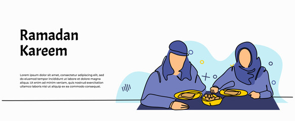 Vector illustration of muslim couple eating together. Modern flat in continuous line style.