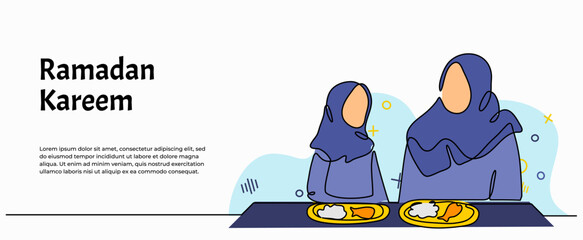 Vector illustration of muslim mother and her daughter eating together. Modern flat in continuous line style.