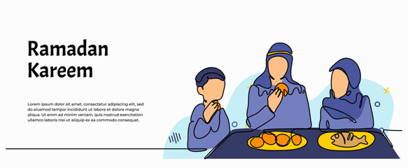 Vector illustration of muslim family eating together. Modern flat in continuous line style.