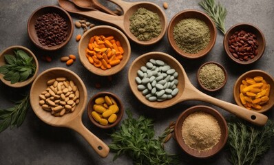 spices and herbs in spoons and bowls top view 