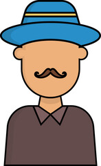 Cartoon mustache man wearing hat icon.