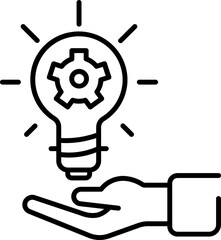 Light bulb with Cogwheel on hand icon in black line art.