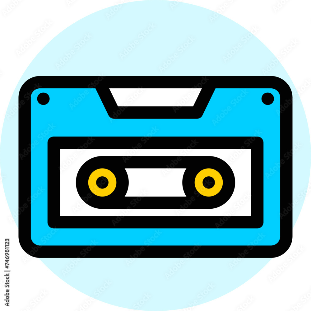 Sticker flat style cassette icon in blue and black color.