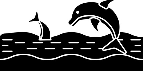 B&W illustration of Fish jump in water icon.