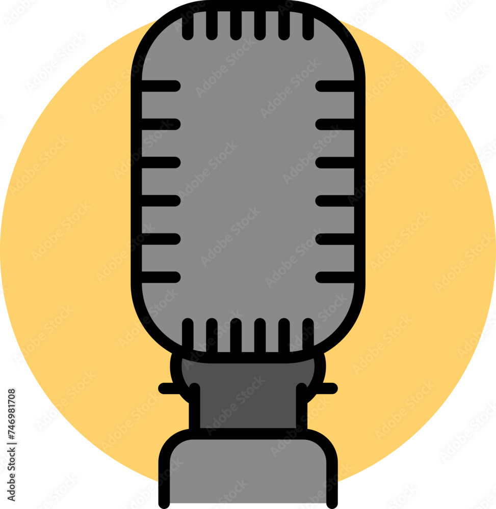 Sticker Gray microphone icon on yellow round background.