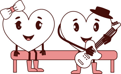 Cartoon Male Heart Playing Guitar With His Girlfriend Sit On Bench.