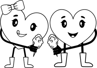 Lovely Heart Couple Enjoying Ice Creams Icon In Black And White Color.