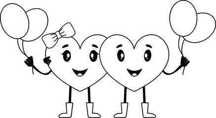 Lovely Heart Couple Holding Balloons In Black And White Color.
