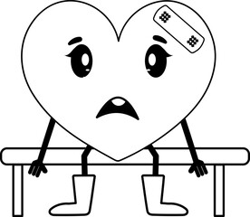 Crying Heart Character Sitting On Bench In Black And White Color.