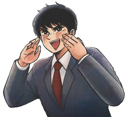 劇画イラスト・笑顔で応援するサラリーマン風の男性