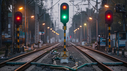 Railway signal in the middle of two train tracks. 