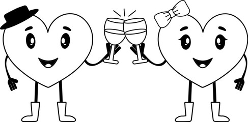 Black And White Cartoon Heart Couple Enjoying Drinks Icon.