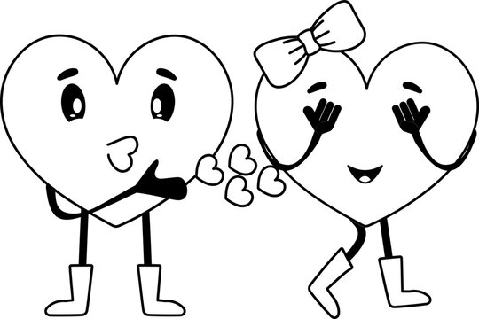 Cartoon Heart Passing Flying Kiss To Lover In Black And White Color.