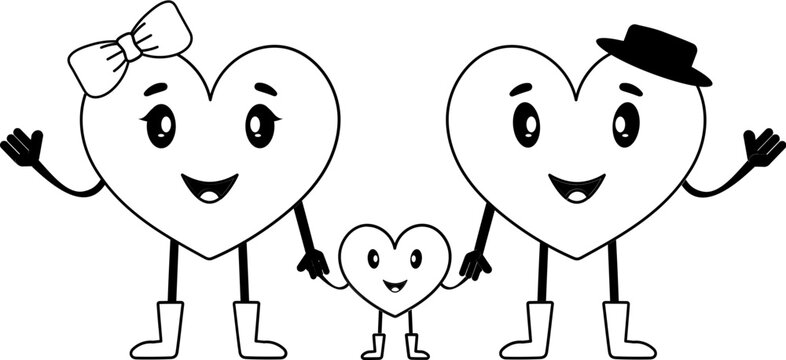 Cartoon Family Hearts Character In Black And White Color.