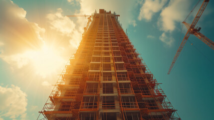 High rise steel skeleton building during construction stage. Low angle, looking upwards. - obrazy, fototapety, plakaty