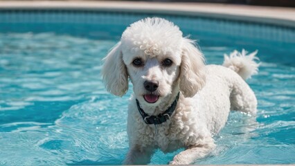 White poodle dog in the swimming pool