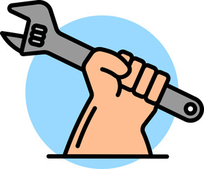 Hand holding adjustable wrench icon in flat style.