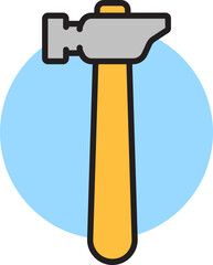Yellow and Gray Hammer icon on blue round background.