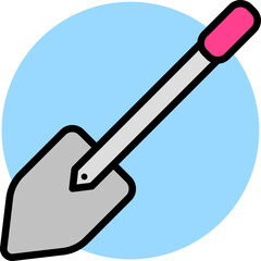 Gray and Pink Shovel icon on blue circle background.