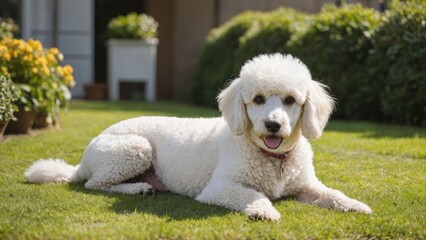 White poodle dog lying outside in the garden