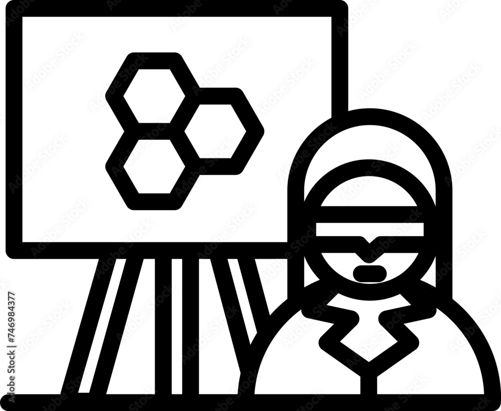 Poster Scientist woman presenting molecules on board icon in line art.